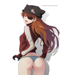 1girl :/ animanghayodraw artist_name ass barefoot baseball_cap bikini bikini_under_clothes blue_eyes brown_hair cleft_of_venus evangelion:_3.0_you_can_(not)_redo expressionless floating_hair hat highres interface_headset jacket long_hair looking_at_viewer looking_back neon_genesis_evangelion open_clothes open_jacket partially_visible_vulva rebuild_of_evangelion shiny_skin simple_background skindentation souryuu_asuka_langley swimsuit thong thong_bikini track_jacket two-tone_background wedgie white_background wide_hips