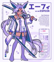  1girl bare_shoulders boots color_guide creatures_(company) dark-skinned_female dark_skin dress emily_kim english_text espeon forehead_jewel game_freak gem gen_2_pokemon highres holding holding_sword holding_weapon jacket nintendo open_clothes open_jacket personification pokemon ponytail purple_dress purple_eyes purple_hair purple_jacket purple_theme red_gemstone simple_background sleeveless sleeveless_dress sparkle stats sword thigh_boots twitter_username weapon 