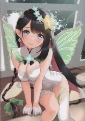  1girl absurdres bare_shoulders black_hair blue_eyes blush bow braid breasts cleavage closed_mouth covered_navel day dress earrings fairy fairy_wings fancy_frontier flower garter_straps gloves hair_bow hair_flower hair_ornament head_tilt highres indoors jewelry light_particles lips long_hair long_sleeves looking_at_viewer medium_breasts multicolored_hair pink_hair pointy_ears scan shadow short_dress single_thighhigh sitting sleeveless smile solo thigh_strap thighhighs thighs tony_taka white_gloves window wings 