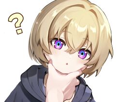  1boy 1other :o ? absurdres aventurine_(honkai:_star_rail) black_hoodie blonde_hair blue_eyes blush cheek_squash child commentary_request crossed_bangs hair_between_eyes hair_intakes hand_on_another&#039;s_face highres honkai:_star_rail honkai_(series) hood hood_down hoodie kakavasha_(honkai:_star_rail) looking_at_viewer male_focus meme multicolored_eyes open_mouth plus_q pov pov_cheek_grabbing_(meme) pov_hands purple_eyes short_hair simple_background solo_focus upper_body white_background 