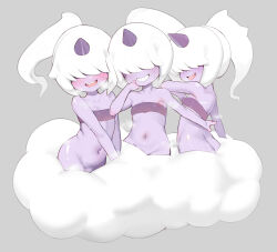  3girls absurdres ass blush bottomless breasts chocpocalypse cloud colored_skin commentary dazzi english_commentary female_focus grey_background grin groin hair_over_eyes high_ponytail highres horns loli long_bangs medium_hair multiple_girls navel open_mouth paid_reward_available pal_(creature) palworld purple_skin simple_background single_horn small_breasts smile strapless teeth tube_top upper_teeth_only white_hair  rating:Questionable score:145 user:danbooru