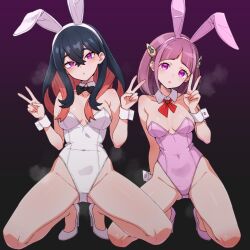  2girls :o animal_ear_hairband animal_ears bare_legs bare_shoulders black_background black_bow black_bowtie black_hair blunt_bangs bow bowtie breasts brown_hair carmine_(pokemon) cleavage collar collarbone colored_inner_hair creatures_(company) crossed_bangs crotch_seam detached_collar double_v fake_animal_ears game_freak gradient_background hair_between_eyes hair_ornament hairband hairclip high_heels highres kamidan lacey_(pokemon) leotard long_hair looking_at_viewer medium_breasts mole mole_under_eye multicolored_hair multiple_girls neck_ribbon nintendo pink_footwear pink_hair pink_hairband pink_leotard playboy_bunny pokemon pokemon_sv purple_background purple_eyes rabbit_ear_hairband rabbit_ears red_ribbon ribbon shoes short_hair squatting strapless strapless_leotard thighs two-tone_hair v white_collar white_footwear white_hairband white_leotard wrist_cuffs 