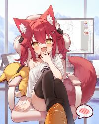  1girl :3 ;d absurdres adobe_photoshop animal_collar animal_ears black_thighhighs carrot chair collar drawing_tablet fang feet foot_focus foreshortening fox_ears fox_girl fox_tail gaming_chair hand_to_own_mouth highres keyboard_(computer) loli long_hair looking_at_viewer mesugaki miyayoki monitor no_pants off_shoulder one_eye_closed open_mouth original oversized_clothes oversized_shirt red_collar red_hair sakura_soyoru_(miyayoki) sexually_suggestive shirt simulated_footjob sitting skin_fang sleeves_past_elbows smile spoken_blush stuffed_fox suggestive_fluid swivel_chair tail thighhighs twintails white_shirt yellow_eyes 