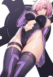  1girl absurdres bare_shoulders black_leotard black_thighhighs breasts cleavage clothing_cutout ebora elbow_gloves fate/grand_order fate_(series) gloves hair_over_one_eye highleg highleg_leotard highres large_breasts leotard looking_at_viewer mash_kyrielight navel navel_cutout open_mouth purple_eyes purple_gloves purple_hair shield short_hair solo thigh_strap thighhighs thighs  rating:Sensitive score:47 user:danbooru