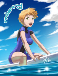  1girl aged_up alternate_hairstyle blue_sky bodysuit breasts character_name cloud creatures_(company) day diving_suit earrings game_freak green_eyes gym_leader jewelry large_breasts lips misty_(pokemon) nintendo orange_hair pokemon polarityplus revision short_hair signature sky smile solo stud_earrings surfboard wetsuit  rating:Sensitive score:33 user:danbooru