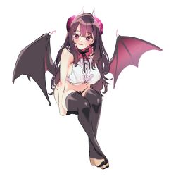 1girl alp_(alp_switch) bangs bare_arms bare_shoulders black_footwear black_gloves black_neckwear black_ribbon black_wings blunt_bangs blush boots breasts breasts_apart brown_hair crop_top demon_girl demon_horns demon_wings eyebrows_visible_through_hair fangs fur_collar gloves high_heel_boots high_heels highres horns konoshiro_shinko large_breasts legs_crossed long_hair looking_at_viewer midriff neck_ribbon original panties pink_lips purple_eyes ribbon shirt sitting sitting_on_hand sleeveless sleeveless_shirt smile solo spread_wings stomach thigh_boots thighhighs thong underboob underwear white_background white_shirt wings
