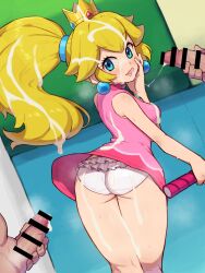  1girl 2boys after_masturbation aqua_eyes ass bar_censor blonde_hair bukkake censored chiwino commission crown cum cum_on_body cum_on_clothes cum_on_hair dress earrings ejaculation from_behind highres jewelry male_masturbation mario_(series) mario_tennis masturbation multiple_boys nintendo panties parted_lips penis pink_dress pixiv_commission ponytail princess_peach racket short_dress sphere_earrings tennis_racket underwear white_panties 