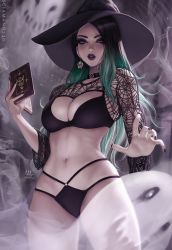 1girl april_(sciamano240) artist_name bikini black_bikini black_lips book breasts cleavage dated earrings eyeshadow ghost green_hair halloween hand_up hat highres holding holding_book jewelry large_breasts lips long_hair long_sleeves looking_at_viewer makeup multi-strapped_bikini navel nose original parted_lips realistic sciamano240 sidelocks signature skull_earrings solo stomach swimsuit toned witch witch_hat rating:Sensitive score:347 user:danbooru