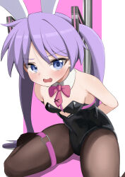  1girl animal_ears armpit_crease arms_behind_back bare_shoulders bdsm belt blue_eyes blush bondage bound bow bowtie breasts brown_pantyhose clothing_cutout commentary_request cosplay dot_nose feet_out_of_frame hair_ornament hatsune_miku hatsune_miku_(cosplay) heart_cutout highres hiiragi_kagami leaning_forward leotard long_hair looking_at_viewer loose_hair_strand lucky_star necktie nicomi-chan open_mouth pantyhose pink_background pink_belt playboy_bunny pole purple_hair rabbit_ears red_bow red_bowtie red_necktie simple_background sitting small_breasts solo spread_legs stripper_pole sweatdrop thigh_belt thigh_strap tie_clip tsurime twintails very_long_hair white_background 