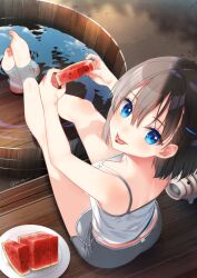  1girl :p barefoot black_hair blue_eyes breasts cleavage food from_above from_behind fruit grey_shorts hair_between_eyes koruri looking_at_viewer mosquito_coil original short_hair short_shorts shorts small_breasts solo tank_top tongue tongue_out veranda watermelon watermelon_seeds watermelon_slice 