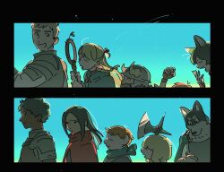  4girls 6+boys ^_^ animal_ears arm_up armor axe battle_axe beard black_border black_hair blonde_hair blue_background blue_sky body_fur border braid brown_gloves cat_ears cat_girl chilchuck_tims cloak closed_eyes closed_mouth dark-skinned_male dark_skin dia_(dungeon_meshi) dog_boy dog_ears dungeon_meshi dwarf facial_hair facing_another facing_to_the_side fake_horns fangs fingerless_gloves fingernails furry furry_male gloves gnome green_hair grey_fur hair_over_eyes hand_up hands_up helmet holding holding_axe holding_staff holm_kranom hood hood_down hooded_cloak horned_helmet horns izutsumi kabru kuro_(dungeon_meshi) laios_touden light_brown_hair long_hair looking_at_another looking_to_the_side marcille_donato mickbell_tomas multiple_boys multiple_girls open_mouth out_of_frame outdoors pauldrons pointy_ears red_cloak rin_(dungeon_meshi) robodumpling senshi_(dungeon_meshi) sharp_fingernails short_hair shoulder_armor sky smile staff upper_body very_short_hair walking weapon yawning 