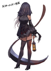  1girl apron black_apron black_dress black_footwear black_sleeves black_thighhighs blood bloody_weapon breasts commentary dark-skinned_female dark_skin detached_sleeves dress funeral_dress glowing glowing_eyes grey_hair hair_between_eyes high_heels highres holding holding_lantern holding_scythe kinta_(distortion) lantern large_breasts long_hair original pointy_ears red_eyes scythe simple_background solo symbol-only_commentary thighhighs veil veil_over_eyes waist_apron weapon white_background zettai_ryouiki 