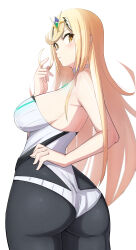  1girl absurdres ass bare_arms bare_shoulders black_pantyhose blonde_hair breasts chest_jewel core_crystal_(xenoblade) highres large_breasts long_hair mythra_(massive_melee)_(xenoblade) mythra_(radiant_beach)_(xenoblade) mythra_(xenoblade) one-piece_swimsuit oruru63100814 pantyhose ribbed_swimsuit solo strapless strapless_one-piece_swimsuit striped_clothes striped_one-piece_swimsuit swept_bangs swimsuit tiara vertical-striped_clothes vertical-striped_one-piece_swimsuit very_long_hair white_one-piece_swimsuit xenoblade_chronicles_(series) xenoblade_chronicles_2 yellow_eyes  rating:Sensitive score:2 user:armorcrystal