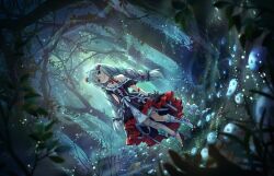 1girl black_dress bow braid dress earrings forest game_cg grey_hair hair_bow hair_ornament high_heels hoshi_syoko idolmaster idolmaster_cinderella_girls idolmaster_cinderella_girls_starlight_stage jewelry leaf low_twintails mushroom nature official_art red_eyes tree twin_braids twintails