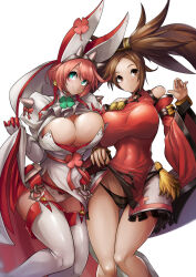  2girls arc_system_works breasts brown_eyes brown_hair chinese_clothes cleavage clothes_lift covered_navel dress elphelt_valentine gloves green_eyes guilty_gear highres kuradoberi_jam large_breasts legs lifted_by_self long_hair looking_at_viewer multiple_girls panties parted_lips pink_hair short_hair smile thighs toned underwear very_long_hair wedding_dress 