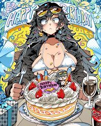  1girl absurdres artstyle_request balloon bendy_straw bikini birthday_cake birthday_party black_choker black_hair blue_ribbon box brand_name_imitation breasts brown_eyes bursting_breasts cake candle chibi choker cleavage clenched_hands collarbone commentary confetti cup day drinking_glass drinking_straw earrings emoji english_commentary english_text eyewear_on_head figure fingernails flower food fork fruit gift gift_box gift_wrapping happy_birthday hat heart highres holding holding_fork hugging_object instrument jacket jewelry kafun kazoo large_breasts layer_cake leather leather_jacket light_blush long_fingernails long_hair messy_hair nail_polish nervous original party_hat plate polka_dot polka_dot_background pop_art purple_nails ribbon second-party_source sera_(judgemint) sharp_fingernails shiny_skin sitting soda_bottle solo strawberry strawberry_shortcake streamers sunglasses sweatdrop swimsuit table tight_clothes western_comics_(style) whipped_cream white_bikini wine_glass 