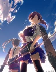  2girls apron arrow_(projectile) black_thighhighs blue_hakama blue_sky bow_(weapon) brown_eyes brown_gloves brown_hair cloud commentary_request day feet_out_of_frame flight_deck from_below gloves hakama hakama_short_skirt hakama_skirt highres holding holding_bow_(weapon) holding_weapon japanese_clothes kaga_(kancolle) kantai_collection long_hair multiple_girls muneate outdoors partially_fingerless_gloves partly_fingerless_gloves red_skirt reluvy side_ponytail single_glove skirt sky solo_focus tasuki thighhighs twintails twitter_username weapon yugake zuikaku_(kancolle) 