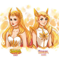  2girls armor blonde_hair blue_eyes blush breasts cape choker cleavage closed_mouth collarbone commentary comparison copyright_name cropped_torso daekazu dated dress english_commentary gauntlets gem hair_pulled_back headdress light_blush lips lipstick long_hair looking_at_viewer makeup mascara masters_of_the_universe medium_breasts multiple_girls orange_background orange_choker pauldrons red_cape red_lips she-ra_(character)_(princess_of_power) she-ra_(character)_(princesses_of_power) she-ra_and_the_princesses_of_power she-ra_princess_of_power shirt shoulder_armor smile strapless strapless_dress swept_bangs white_dress white_shirt 