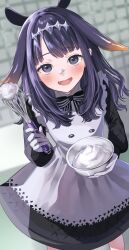  1girl animal_ears apron artist_request black_dress black_hair blue_eyes blurry blurry_background blush cooking dress fang gloves highres hololive hololive_english long_hair looking_at_viewer mixer_(cooking) mole mole_under_eye ninomae_ina&#039;nis open_mouth plate purple_hair smile tentacle_hair virtual_youtuber whipped_cream  rating:General score:4 user:Miyuki_Lust
