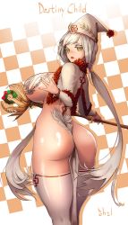  1girl ass bad_id bad_pixiv_id between_buttocks breasts destiny_child harry_(dudwofla) hat highres huge_breasts lips lipstick looking_at_viewer maat_(destiny_child) makeup mole mole_under_mouth nail_polish solo staff thick_thighs thighhighs thighs white_hair white_thighhighs yellow_eyes  rating:Sensitive score:101 user:danbooru