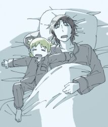  1boy 1girl barefoot bed_sheet black_hair closed_eyes collared_shirt father_and_daughter from_above green_hair highres koiwai_yotsuba long_sleeves lying marutei2 mr._koiwai on_back on_bed open_mouth outstretched_arms pajamas pants pillow quad_tails shirt short_hair sleeping under_covers yotsubato!  rating:General score:8 user:danbooru