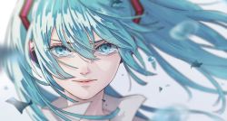  1girl annoyed blue_eyes blue_hair blurry blurry_background close-up closed_mouth clothes_lift commentary_request crying depth_of_field eyebrows_visible_through_hair eyelashes eyes_visible_through_hair face floating_hair flying_teardrops frown grey_background hair_between_eyes hatsune_miku headphones high_collar highres lips long_eyelashes long_hair looking_at_viewer mele_ck pale_skin sad shaded_face shiny shiny_hair sidelighting sidelocks simple_background solo tareme tears twintails upper_body v-shaped_eyebrows vocaloid 