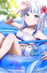  1girl afloat alternate_costume bikini bloop_(gawr_gura) blue_eyes blue_hair blunt_bangs blush child cropped_legs day feet_out_of_frame fins fish_tail flat_chest flower frilled_bikini frills gawr_gura grin hair_flower hair_ornament hand_up heart highres hololive hololive_english holomyth legs long_hair looking_at_viewer mascot multicolored_hair myuz on_innertube outdoors plant red_flower shark_girl shark_tail sidelocks sitting smile solo sunlight sweat swimsuit tail tankini teeth thighs toes virtual_youtuber white_flower white_hair 