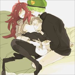  1boy 1girl blush bottomless grabbing_another&#039;s_breast breasts clothes_lift flaky_(happy_tree_friends) flippy_(happy_tree_friends) grabbing green_hair happy_tree_friends hetero long_hair lowres open_mouth red_hair sex shirt_lift short_hair skirt skirt_lift small_breasts  rating:Explicit score:3 user:sojithewolf