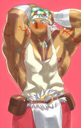 1boy alternate_muscle_size armpit_hair armpits arms_up bandaged_arm bandages bara blue_eyes blush bodypaint bulge carlos_(rune_factory) dark-skinned_male dark_skin feathers green_hair headband jewelry large_pectorals male_focus muscular muscular_male necklace nipple_slip nipples pectoral_cleavage pectorals pelvic_curtain pink_background rune_factory sanpaku shy sidepec solo tank_top tanku_(sushi) tareme thick_eyebrows tooth_necklace tribal