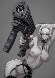  1girl aiming albino ammunition_pouch arm_up armpits belt black_thighhighs blunt_bangs breasts closed_mouth cowboy_shot female_pubic_hair finger_on_trigger frilled_hairband frills garter_straps grey_background gun hairband highres holding holding_gun holding_weapon jittsu large_breasts long_hair navel neck_ribbon nipples nude original pointy_ears pouch pubic_hair red_nails ribbon simple_background solo submachine_gun thighhighs weapon 