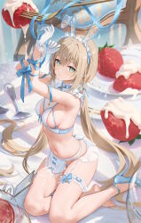  1girl absurdres animal_ears apron arms_up belt_collar blonde_hair blue_footwear bound bound_wrists breasts bridal_garter clipboard closed_mouth collar commentary_request cream cup dated_commentary fake_animal_ears food fruit gloves green_eyes hair_between_eyes hair_ornament hairclip high_heels highres houkisei kneeling large_breasts long_hair looking_at_viewer low_twintails momoko_(houkisei) navel original panties plate rabbit_ears revealing_clothes ribbon ribbon_bondage shoes sideboob single_barefoot single_shoe solo spoon strawberry teacup thighs twintails underwear very_long_hair waist_apron white_gloves  rating:Sensitive score:23 user:danbooru