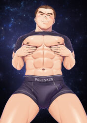  1boy ^_^ abs bara bare_pectorals black_male_underwear black_shirt blush boxer_briefs brown_hair bulge closed_eyes clothes_lift commentary_request covered_penis cowboy_shot erection erection_under_clothes facing_viewer grabbing_own_pectoral hands_up highres large_pectorals legs_apart lifted_by_self male_focus male_underwear muscular muscular_male navel night nipples no_pants original outdoors paid_reward_available pectoral_lift pectorals shiny_skin shirt shirt_lift short_hair short_sleeves sky smile solo standing star_(sky) starry_sky taut_clothes taut_shirt thick_eyebrows underwear yamamo072 