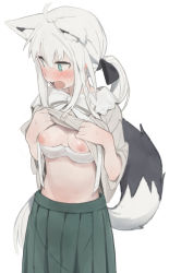 1girl ahoge animal_ear_fluff animal_ears blue_eyes blush bra bra_pull braid breasts clothes_lift clothes_pull embarrassed fox_ears fox_tail green_skirt grey_shirt highres hololive kujira_pasta lifted_by_self long_hair medium_breasts nipples open_mouth pleated_skirt shirakami_fubuki shirakami_fubuki_(street) shirt shirt_lift side_braid simple_background skirt solo sweat tail underwear virtual_youtuber white_background white_bra rating:Explicit score:376 user:danbooru