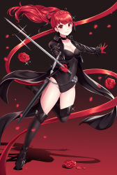  1girl absurdres black_background black_leotard black_ribbon black_thighhighs breasts cleavage collar collarbone floating_hair flower gloves grin hair_ribbon highres holding holding_sword holding_weapon jacket leg_up leotard long_hair looking_at_viewer matching_hair/eyes medium_breasts nabekokoa outstretched_arm persona persona_5 persona_5_the_royal petals ponytail red_background red_eyes red_flower red_gloves red_hair red_ribbon red_rose ribbon rose rose_petals sheath smile solo sparkle striped_clothes striped_leotard sword thighhighs two-tone_background weapon yoshizawa_kasumi  rating:Sensitive score:10 user:danbooru