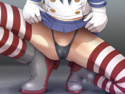 10s 1girl black_panties close-up clothes_lift elbow_gloves gloves kantai_collection midriff panties personification pleated_skirt shimakaze_(kancolle) skirt skirt_lift socks solo striped_clothes striped_socks striped_thighhighs thighhighs underwear upskirt white_gloves yasutake rating:Questionable score:53 user:danbooru