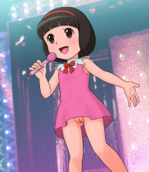  1girl bare_legs black_eyes black_hair cleft_of_venus doraemon dress dutch_angle feet_out_of_frame female_focus flat_chest happy indoors ito_tsubasa kei5_(pixiv) loli looking_at_viewer microphone music no_panties nude_filter petite pink_dress pussy short_dress short_hair singing smile solo standing third-party_edit upskirt 