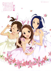  3girls :d absurdres animal_ears annindoufu_(oicon) blue_hair breasts brown_hair cleavage collarbone dress futami_ami girl_sandwich hair_ornament highres idolmaster idolmaster_(classic) long_hair looking_at_viewer medium_breasts minase_iori miura_azusa multiple_girls one_eye_closed one_side_up open_mouth pink_ribbon purple_ribbon rabbit_ears ribbon ryuuguu_komachi sandwiched small_breasts smile tongue tongue_out white_dress yellow_ribbon 
