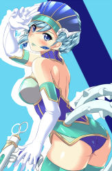  10s 1girl anonimasu ass backless_outfit bad_id bad_pixiv_id bare_shoulders blue_eyes blue_hair blue_rose_(tiger_&amp;_bunny) blush covered_erect_nipples earrings elbow_gloves from_behind gloves jewelry karina_lyle lipstick looking_back makeup matching_hair/eyes nipples see-through short_hair solo thighhighs tiger_&amp;_bunny v 