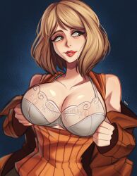  1girl ashley_graham blonde_hair bra breasts breasts_out brown_coat cleavage clothes_pull coat curtained_hair flashing green_eyes highres large_areolae large_breasts lingerie lipstick looking_to_the_side magaska makeup narrow_waist nipples off_shoulder open_clothes open_coat orange_sweater paid_reward_available red_lips resident_evil resident_evil_4 resident_evil_4_(remake) ribbed_sweater see-through_bra short_hair sleeveless sleeveless_sweater solo standing sweater sweater_pull trench_coat underwear white_bra 