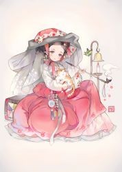  1girl brown_eyes brown_hair bug butterfly candle cat chin_strap dress gache hanbok hat holding holding_smoking_pipe insect jeonmo korean_clothes maedeup original sitting smoking_pipe solo veil youm 