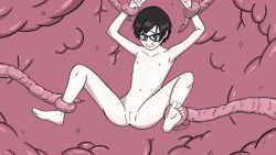  1girl arms_up black_hair blue_eyes breast_sucking cleft_of_venus clenched_teeth flat_chest glasses highres loli nashdnash2007 nipples nude original pale_skin pussy short_hair teeth tentacles uncensored  rating:Explicit score:48 user:Nashpotado100