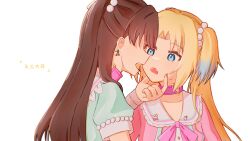  2girls amane61115 blonde_hair blue_eyes blue_hair brown_hair cherry_earrings choker collarbone commentary dress earrings face-to-face fang food-themed_earrings food_themed_earrings frilled_sailor_collar frills fujishima_megumi gradient_hair green_dress hakuchu_a_la_mode_(love_live!) hand_on_another&#039;s_face heart heart_choker heart_o-ring highres imminent_kiss jewelry kiss_day light_blue_hair link!_like!_love_live! long_hair long_sleeves looking_at_another love_live! mira-cra_park! multicolored_hair multiple_girls no_eyes o-ring o-ring_choker open_mouth osawa_rurino parted_bangs pink_choker pink_dress puffy_short_sleeves puffy_sleeves sailor_collar short_sleeves simple_background translation_request twintails two_side_up virtual_youtuber white_background white_sailor_collar yuri 