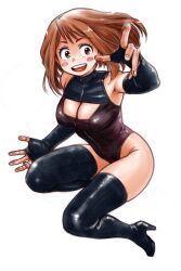  1girl black_footwear black_gloves black_leotard boku_no_hero_academia boots breasts brown_eyes brown_hair cleavage cleavage_cutout clothing_cutout commentary elbow_gloves fingerless_gloves gloves halterneck high_heel_boots high_heels highres kogawa_masayoshi leotard looking_at_viewer open_mouth reaching reaching_towards_viewer short_hair simple_background solo teeth thigh_boots upper_teeth_only uraraka_ochako white_background 