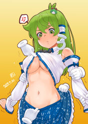 1girl 4others anger_vein black_necktie blue_bow blue_skirt blush bow breasts closed_mouth clothes_lift collared_shirt cowboy_shot detached_sleeves disembodied_hand frilled_skirt frills frog_hair_ornament frown gloves gradient_background green_eyes green_hair groin hair_ornament highres kei_jiei kochiya_sanae large_breasts lifting_another&#039;s_clothes long_hair looking_down multiple_others navel necktie no_bra no_panties shirt shirt_lift sidelocks single_hair_tube skirt sleeve_bow sleeveless sleeveless_shirt snake_hair_ornament solo_focus spoken_anger_vein touhou underboob white_gloves white_shirt white_sleeves yellow_background rating:Questionable score:32 user:danbooru