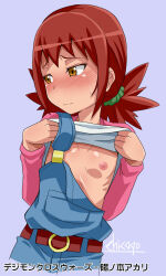 1girl blush breasts chicago-x clothes_lift digimon hair_ornament hairclip highres hinomoto_akari japanese_text long_hair nipples orange_eyes red_hair shirt_lift small_breasts solo twintails rating:Explicit score:13 user:Chaos11