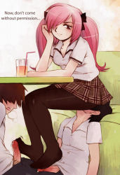 1girl blush bow double_footjob drink drinking_straw feet femdom footjob hard-translated messiah_cage no_shoes pantyhose penis pink_hair sitting sitting_on_face sitting_on_person skirt smile third-party_edit translated twintails rating:Explicit score:140 user:Furio