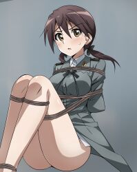  1girl ass bdsm blush bondage bound breasts brown_eyes brown_hair gertrud_barkhorn gn_002 grey_background hair_ribbon large_breasts long_hair looking_at_viewer military_uniform open_mouth restrained ribbon shibari simple_background solo strike_witches sweat tied_up_(nonsexual) twintails uniform world_witches_series 