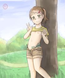1girl blush breasts clothes_lift cloud densetsu_no_kuma eyebrows female_focus grass hair_ornament hairclip loli looking_at_viewer money nipples original outdoors ponytail prostitution shirt_lift shorts sky small_breasts solo tree v rating:Questionable score:317 user:Domestic_Importer