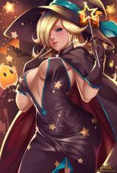 1futa black_dress black_gloves blonde_hair blue_eyes blush bow breasts bulge center_opening cowboy_shot dress erection erection_under_clothes exlic futanari gloves hair_over_one_eye halloween halloween_costume hat hat_bow highres holding holding_wand lips long_hair looking_at_viewer luma_(mario) mario_(series) medium_breasts nintendo parted_lips patreon_username penis rosalina side_slit solo star_(symbol) star_wand taut_clothes wand witch witch_hat rating:Explicit score:90 user:danbooru