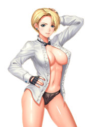  1girl black_panties blonde_hair blouse blue_eyes bow bowtie breasts cowboy_shot earrings fingerless_gloves gloves hand_on_own_hip highres jewelry king_(snk) large_breasts looking_at_viewer navel no_bra open_clothes open_shirt panties shirt short_hair solo the_king_of_fighters turna98 underwear v-shaped_eyebrows white_shirt  rating:Sensitive score:42 user:danbooru